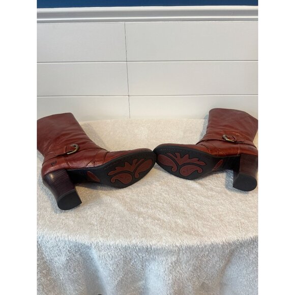 Born Brown Leather Strappy Handcrafted 3 inch Party High Heels Calf Boots Sz 9 - Picture 3 of 4